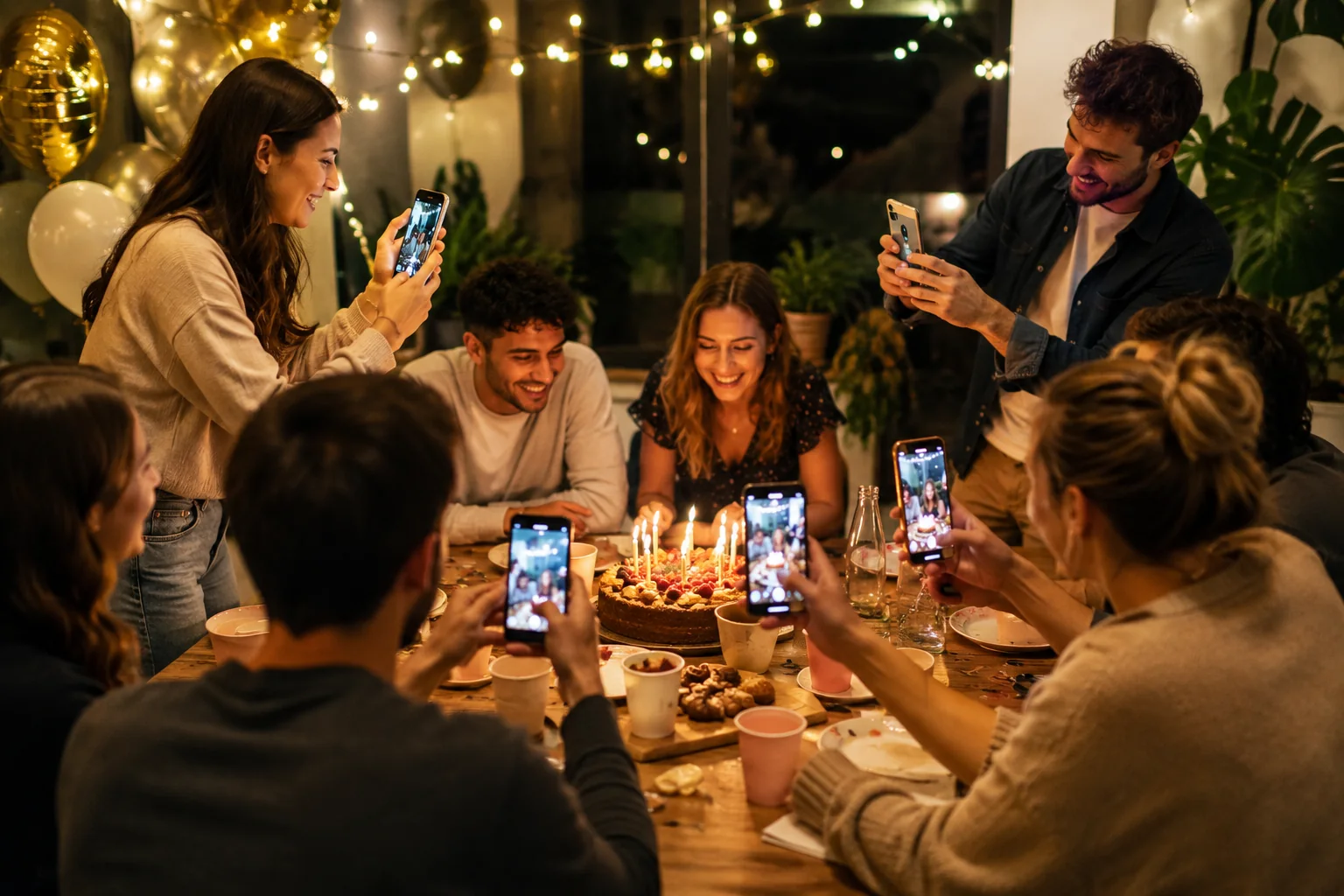 Des invités photographient ensemble un anniversaire et partagent leurs souvenirs avec ZoomLife.