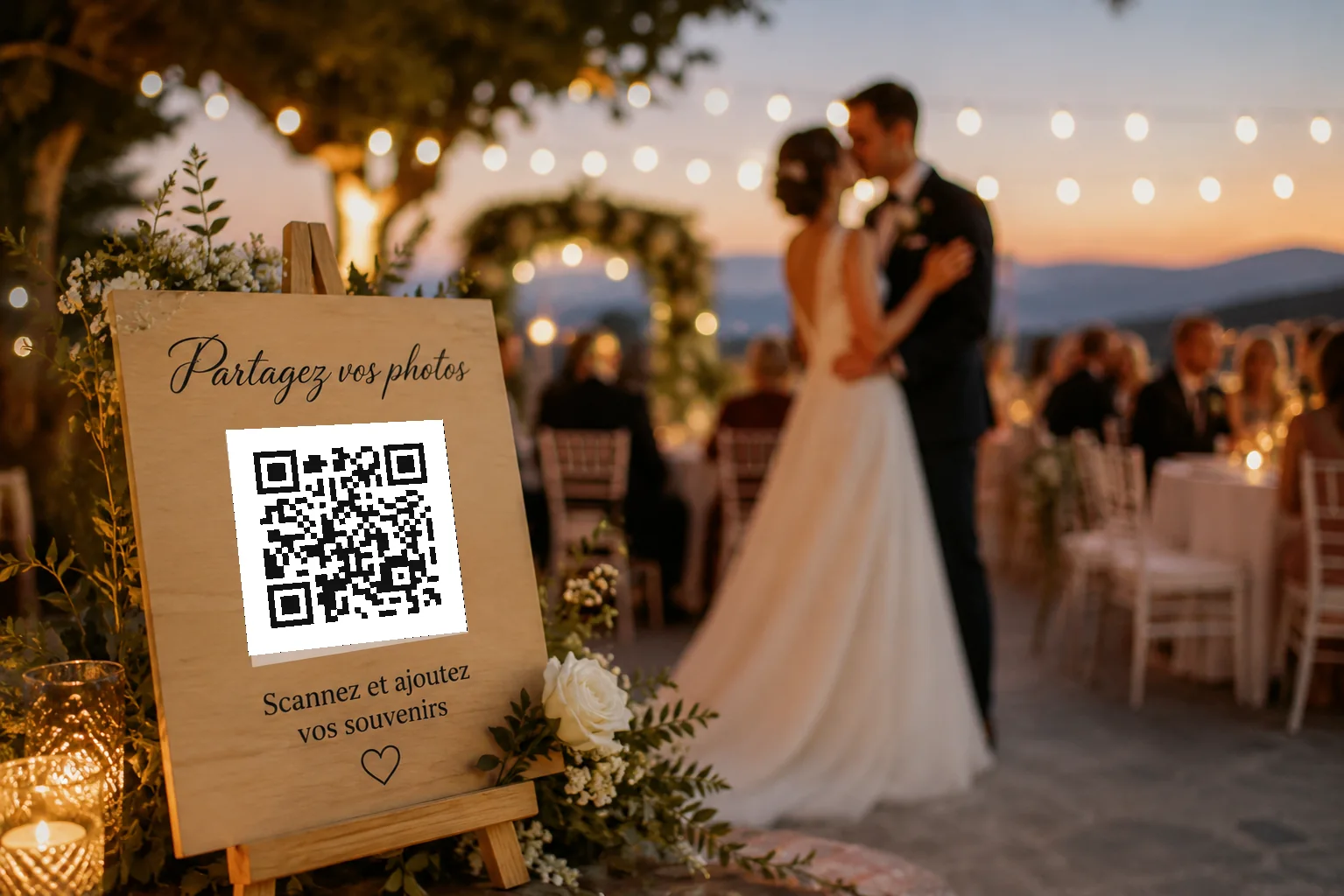 À un mariage, une pancarte invite les convives à scanner le QR code ZoomLife pour partager leurs photos.